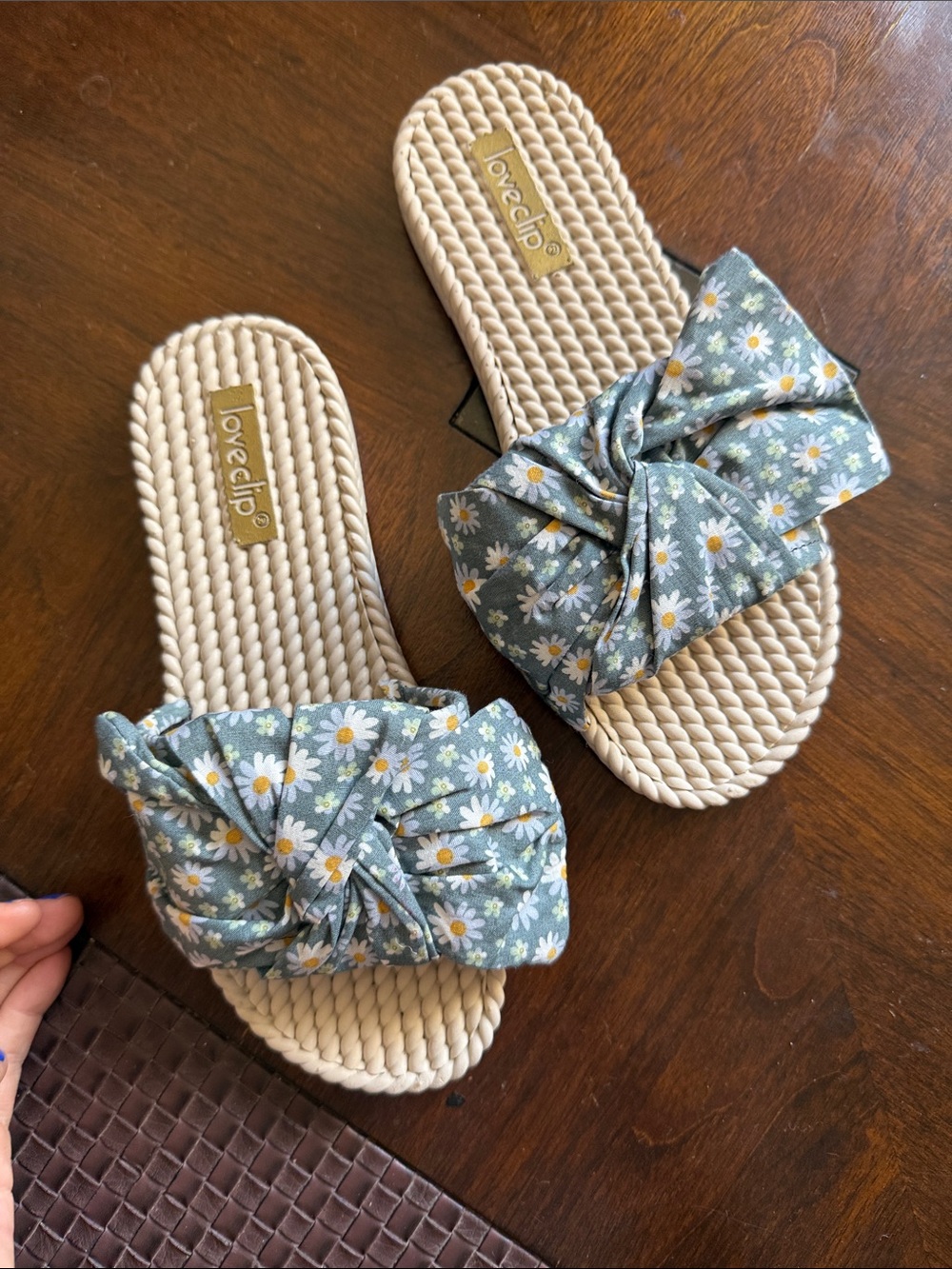 Justice Daisy Knot Slide Sandals in Sage Green and Cream